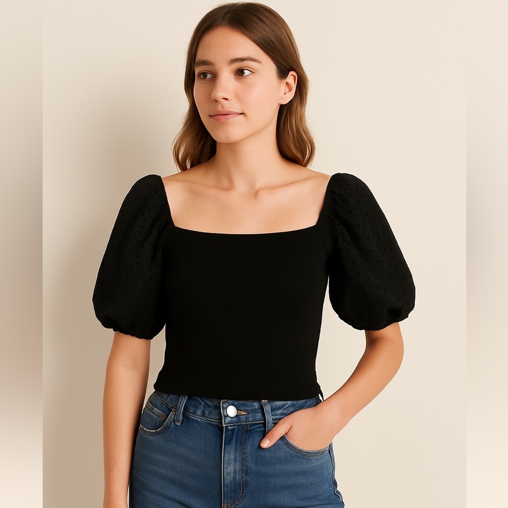 Bershka Black Puff Sleeve Eyelet Crop Top XS